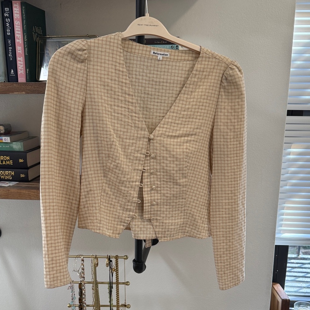 Reformation Cream Gingham Button-Front Blouse
